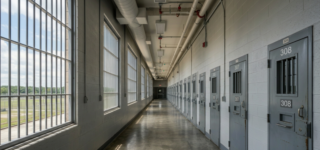 Long corridor with metal prison cell doors on one side and barred windows on the other